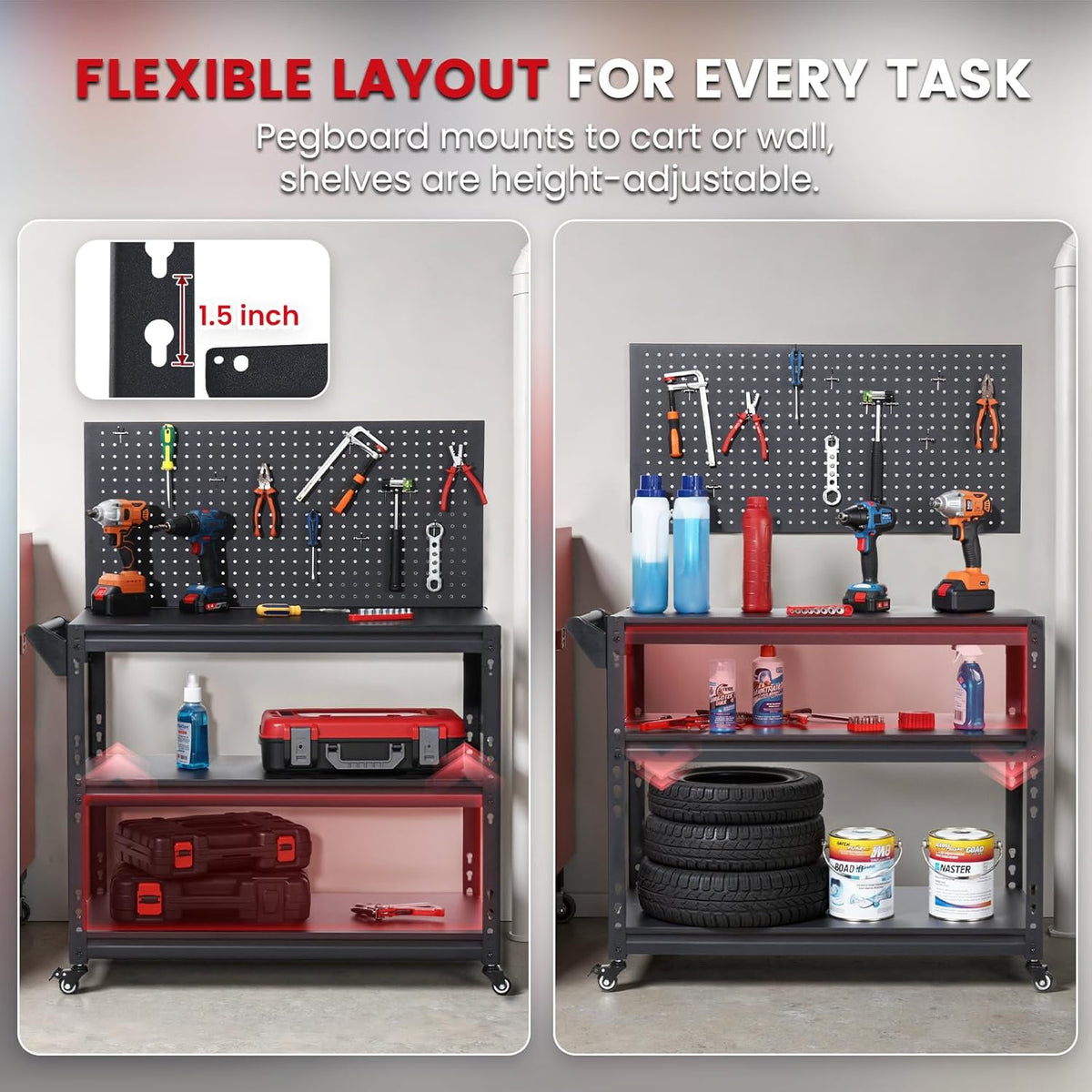 Workbench with Dual Pegboards 3-Tier Adjustable Rolling Work Table Heavy Duty Metal Tool Bench with Push Handle & Wheels Mobile Workstation for Garage, Workshop, Warehouse