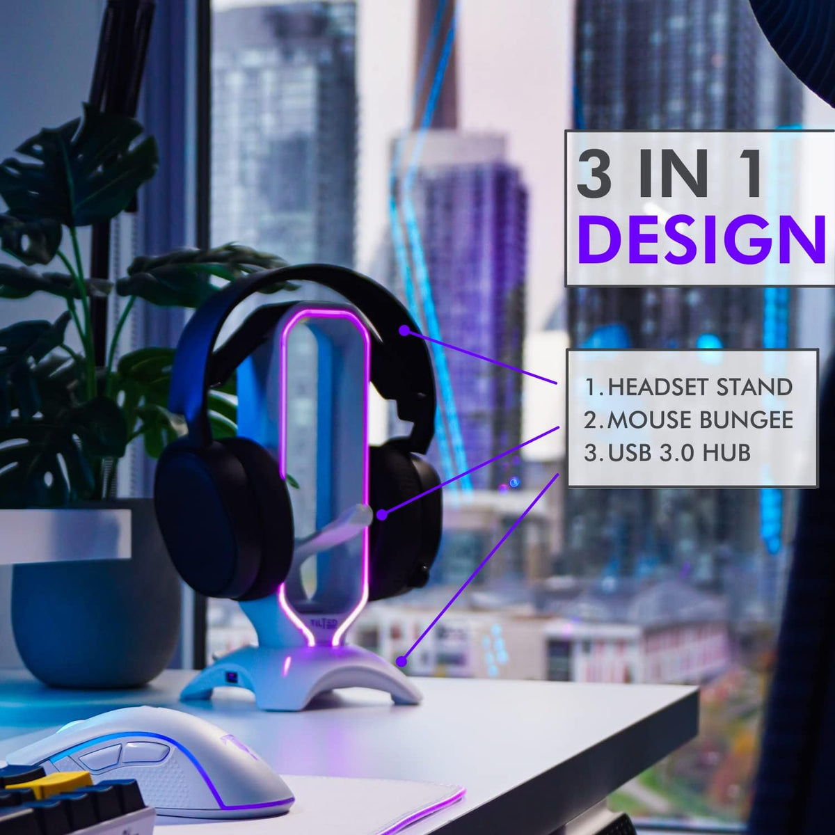 Tilted Nation Gaming Headphone Stand | RGB Headset Stand White | Headset Holder for Desk with Mouse Bungee and USB Hub | The Ultimate Gaming Accessories for Gamers for PS5, Xbox, PC - White