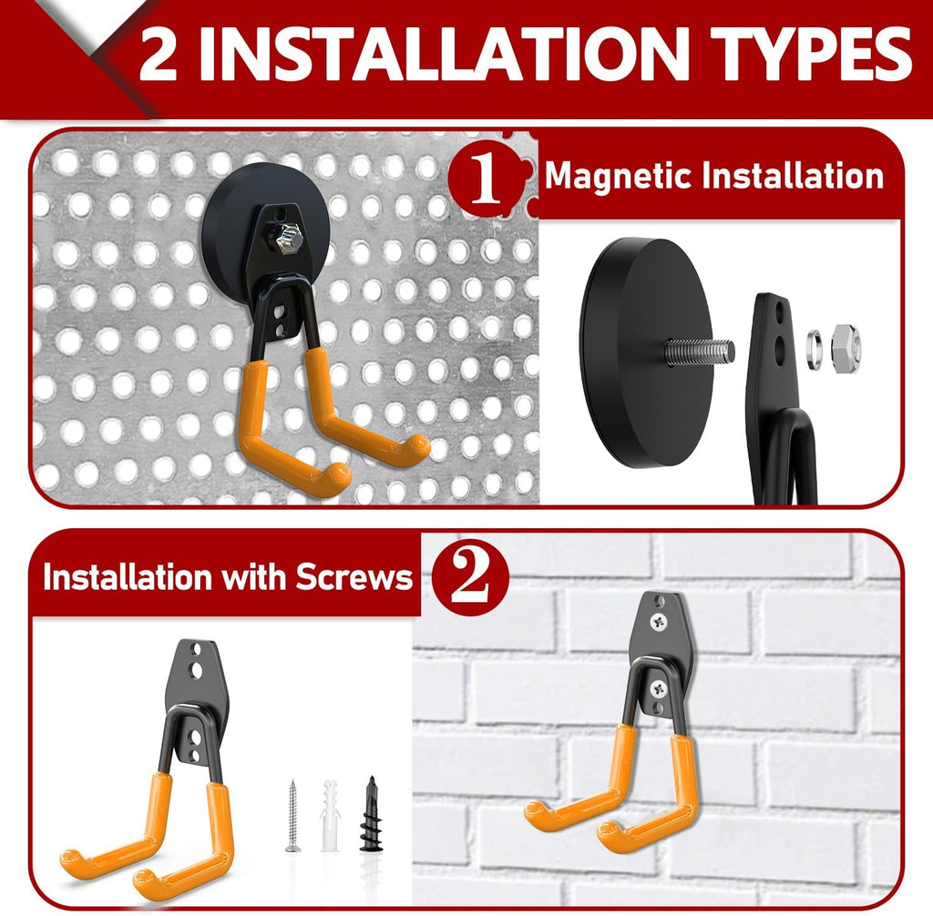 3-H Heavy Duty Magnet Garage Hooks 2 Pack, Large Strong Magnetic Hooks for Hanging Cordless Power Drill, Utility Magnetic Tool Holder for Metal Cabinet, Steel Pegboard, Toolbox, Garage(Orange)