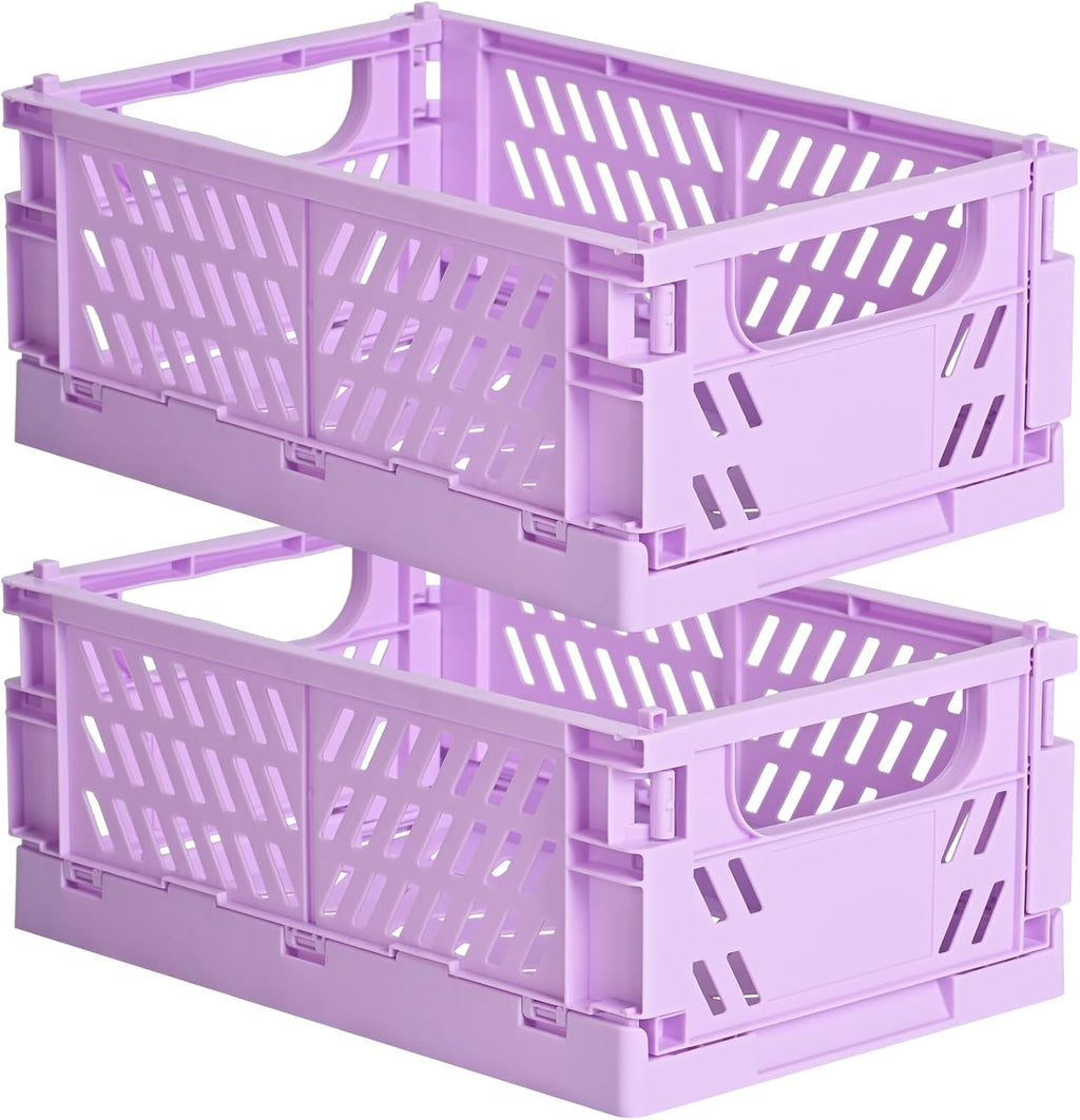 2-Pack Small Pastel Plastic Storage Baskets, Collapsible Crates for Organizing, Space-Saving Mini Bins for Classroom, Kitchen, Office, Bedroom (Purple, 9.8" x 6.5" x 3.8")
