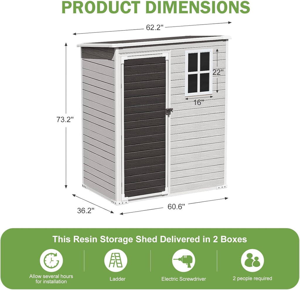 5x3 FT Outdoor Storage Shed, Waterproof Thicker Small Resin Shed with Floor & Lockable Door & Window & Vents, Plastic Tool Shed for Backyard, Patio, Poolside, Outside, Dove Grey