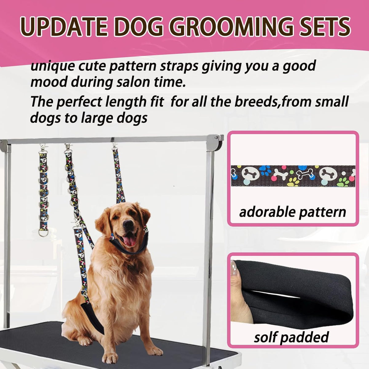 Dog Grooming Belly Straps – Adjustable Grooming Loops with Cute Paw & Bone Pattern Pet Grooming Belly Support Band Table Accessories for Small Medium Large Dogs(Light Pink)