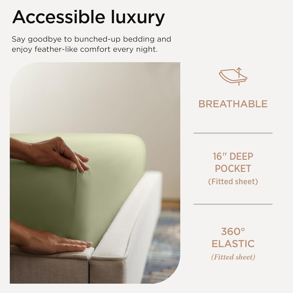 Threadmill Twin XL Sheet Sets | 100% Supima Cotton Sheets for Twin XL Mattress | Solid Sateen Twin XL Bed Sheets Set with 16” Deep Pocket | Soft Breathable 3-Piece Cooling Sheet Set| Sage Green Sheets