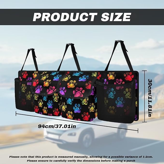 Colorful Dog Paw Car Organizer, Trunk Organizer for SUV, Car Trunk Organizer and Storage, Car Interior Accessories Backseat Hanging Organizer with 4 Pockets, Waterproof Storage Bag for Car