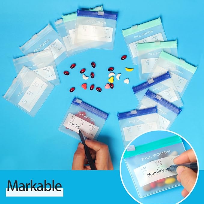 36 Packs Color Pill Pouch Bags 12mil 3 x 2.75 Inch bpa-Free, Frosted Clear EVA Materials, Heavy-Duty Thick Plastic Bags for Travel Medicine Organizer, Jewelry, Small Craft Pieces-Clear+Green