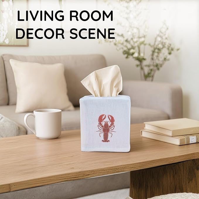 EmbroideryLinen.VN Tissue Box Cover Set of 2, Square Linen Tissue Holder, Printed Animal Pattern, 4.5x4.5x5.5 Inches, Decorative Holder for Bathroom, Living Room, Office (Lobster)