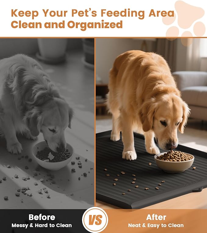 Dog Food Mat 36"x24", Waterproof Pet Feeding Mat with Diversion Grooves and Raised Edges, Large Non-Slip Dog Bowl Mat for Food and Water, Cat Food Mat for Floors, Easy to Clean, Black