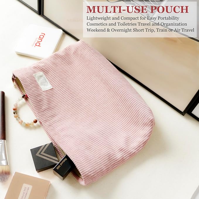 HAPPYHEIDI Large Corduroy Makeup Bag Compartment Cosmetic Toiletry Travel Accessory Pouch Purse Organizer, Soft Creamy Pink