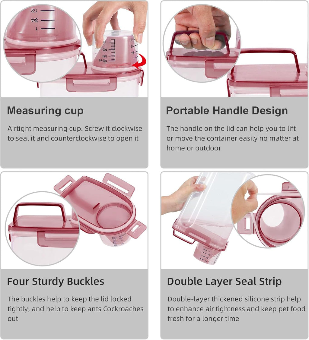 3-5Lbs Small Cat Dog Food Storage Containers BPA Free, Airtight Pet Food Storage Containers with Large Pour Spout/1 Measuring Cup/ 4 Safety Locks and double-layer silicone strip (Clear PInk&1)