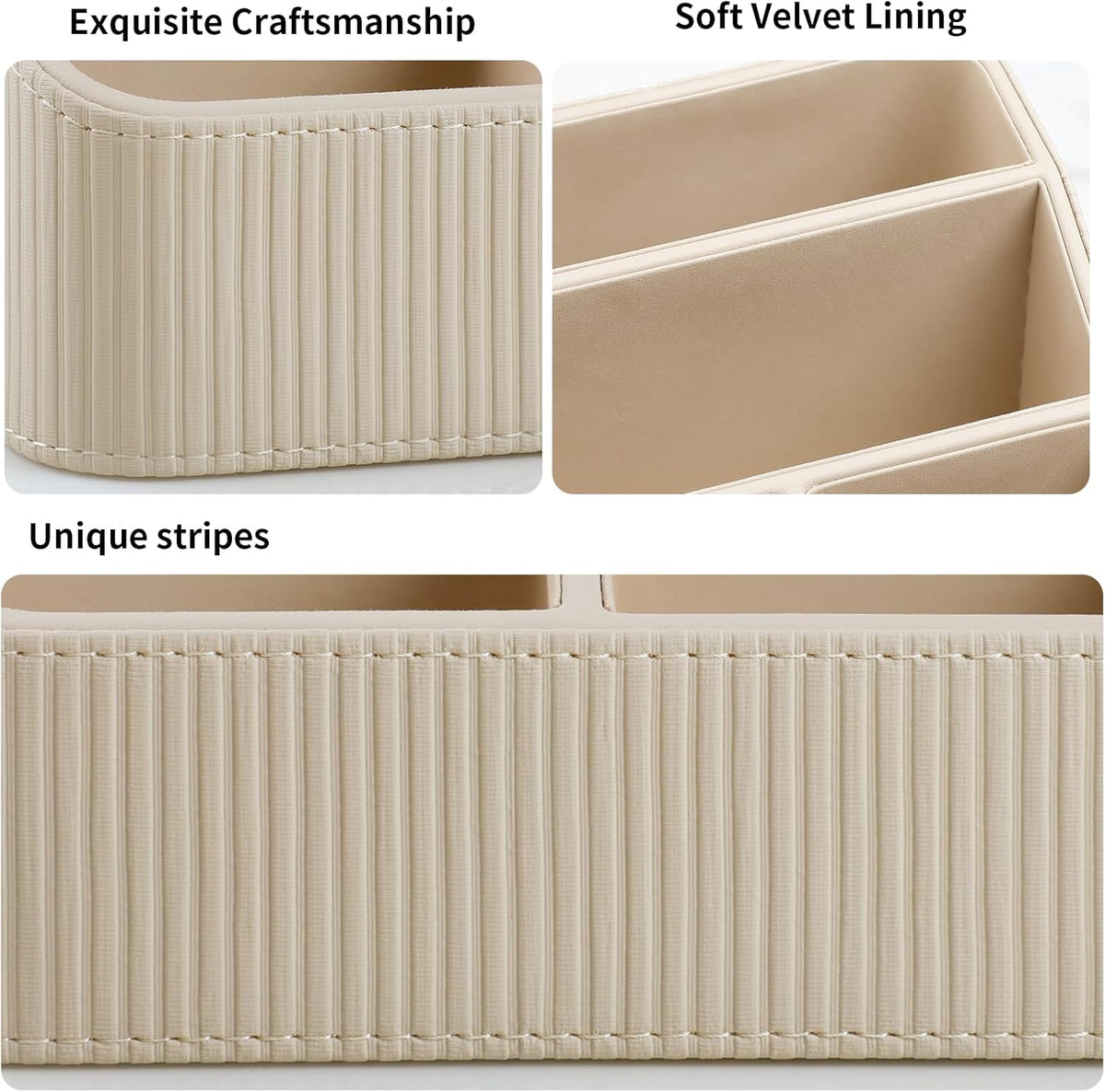 Remote Control Holder with 4 Compartments, PU Leather Small Nightstand Organizer for Home Desk Accessories Office Supplies, Multifunctional Stylish Small Bedside Desktop Organizers (Beige)