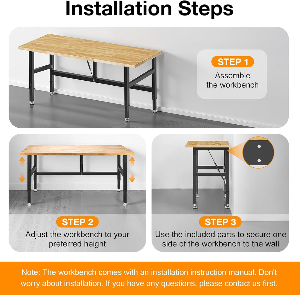 60” Folding Workbench, 2000 LBS Capacity Heavy Duty Workbench, Height Adjustable Foldable Work Table, Rubberwood Collapsible Desk for Workshop, Garage, Office, Home
