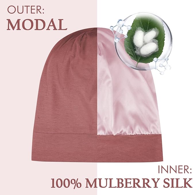 OLESILK 100% Mulberry Silk Bonnet for Sleeping Women, Silk Hair Wrap for Sleeping, Silk Sleep Bonnet for Women&Men, Real Silk, Not Satin, Reddish Brown
