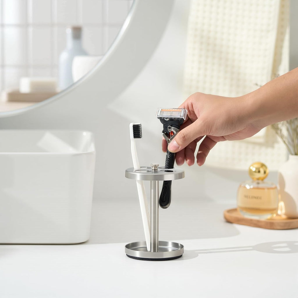 Brushed 18/8 Stainless-Steel Toothbrush Holder Stand: Rustproof Bathroom Countertop Organizer, 4 Ventilated Slots Hold Manual Toothbrushes, Razor