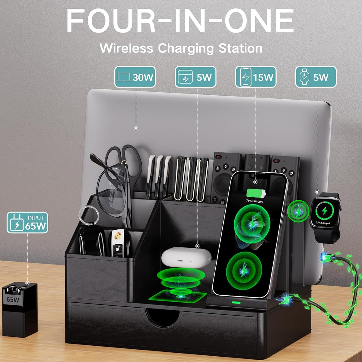 Black PU Leather Multi-Device Charging Station with Drawer - 6-in-1 Desktop Organizer for Phone, iPad, Tablet, Laptop, Watch, Headphones - Electronics Docking Hub & Storage Box for Office Home (Black)
