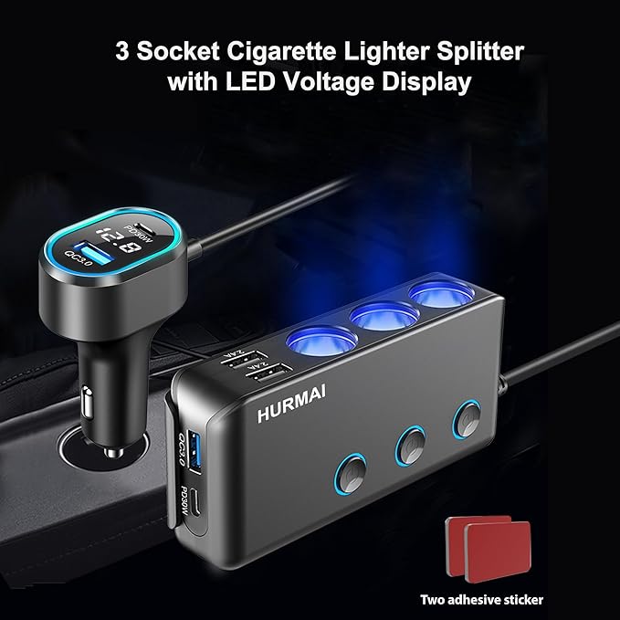 9 in 1 Cigarette Lighter Splitter,264W 3 Socket Car Cigarette Lighter Adapter,Type-C QC3.0 PD 30W Charging,Heavy Duty Truck Car USB Chager Multi Plug Outlet 12V/24V Independent Switches,LED Voltmeter