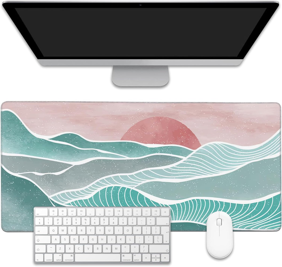 Ocean Wave and Mountain Large Gaming Mouse Pad,Waterproof Desk Mat for Desktop,Non-Slip Rubber Base Mousepad with Stitched Edges for Laptop Office and Home 35.4X15.7 Inch