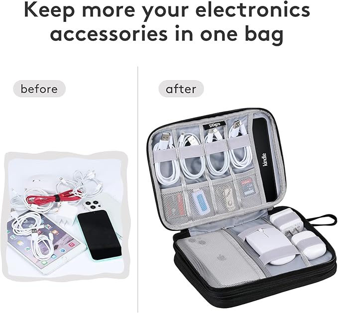 DDgro Travel Electronics Organizer Pouch Bag for Tech Gadgets & Airplane Accessories, for Cables/Cords & Chargers/iPad Mini (Large, Black)