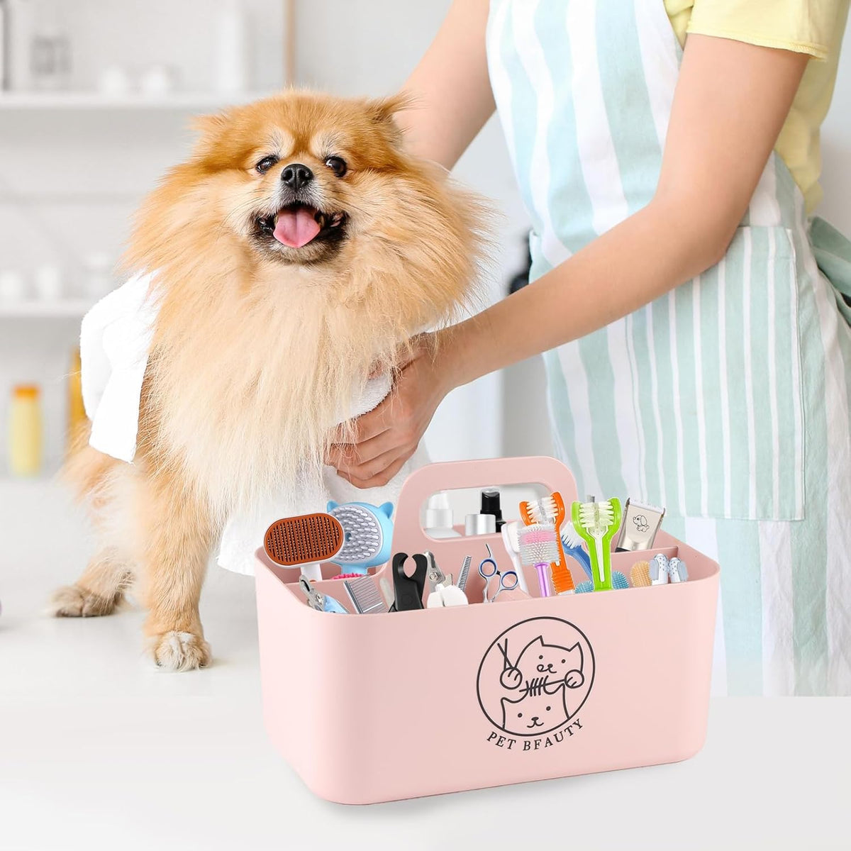 5-Compartment Pink Dog Stuff Storage Caddy for Grooming Supplies, Portable Organizer with Handle