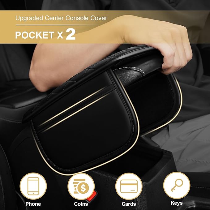 Center Console Cover for Accord: Armrest Cover for Car with 2 Storage Bags - Scratch & Wear Resistant & Waterproof Leather Console Cover,Anti-Scratch Auto Armrest Pad Accessory （Black