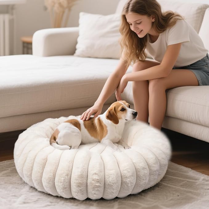 Vhen When Warming Faux Rabbit Fur Pet Beds – Luxurious Donut Dog & Cat Bed, Anti-Anxiety Calming Cuddler Bed for Small Medim Dogs, Washable Round Puppy Kitten Beds, Non-Slip Bottom(31x31x8, White)