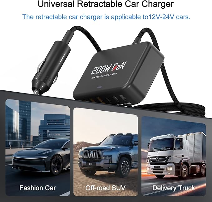 200W Car Fast Charging Station,6 Ports, Compatible with MacBook pro/Air/M5 M4 M3 M2 M1/Dell/Lenovo/HP,for iPhone 17/16/15 Series,Samsung Galaxy S26/S25 Ultra/S24 Series and More