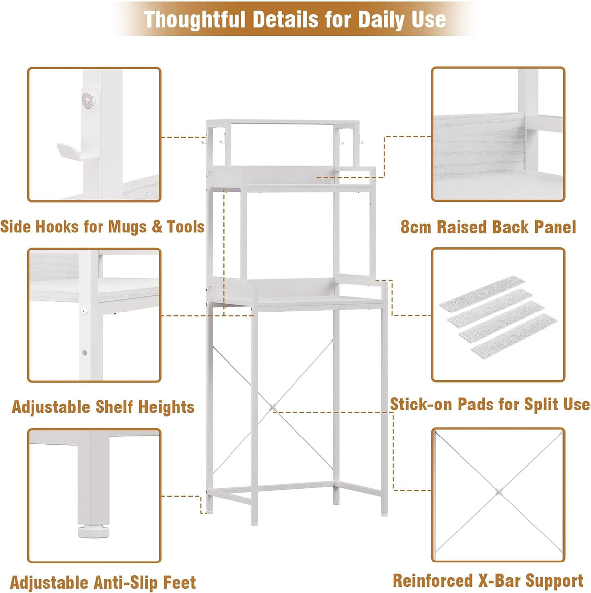 3-Tier Kitchen Bakers Rack with Adjustable Shelves, Freestanding Kitchen Microwave Stand with Storage, Split Design Coffee Bar Shelf for Home Office (White, 25.6")