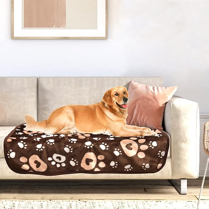 AHOOCUSTOM Brown Fleece Extra Large Dog Blanket, 80'X60', Soft Flannel Pet Cat Puppy Blanket Mat Cover for Bed Couch, Cute Paw Print Throw Blanket for Dogs