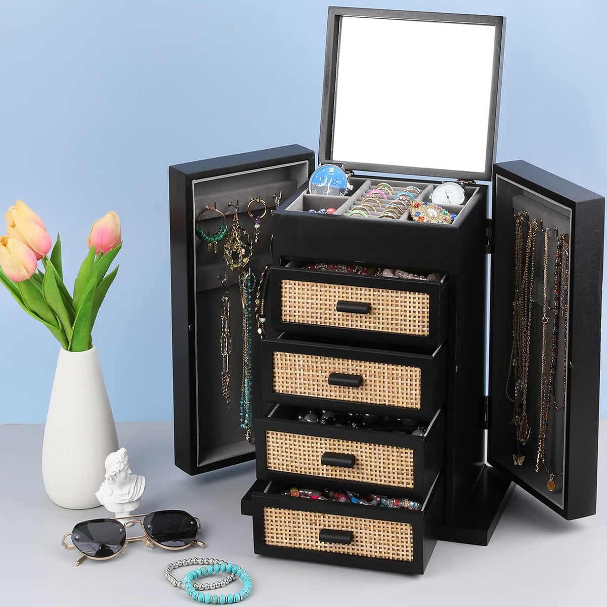 Jewelry Organizer, Rattan Jewelry Box, 5 Layer Wooden Jewelry Organizer Box with Mirror, Jewelry Boxes with 4 Drawers for Women Men, Black Jewelry Storage for Rings Earrings Necklaces Bracelets Watch