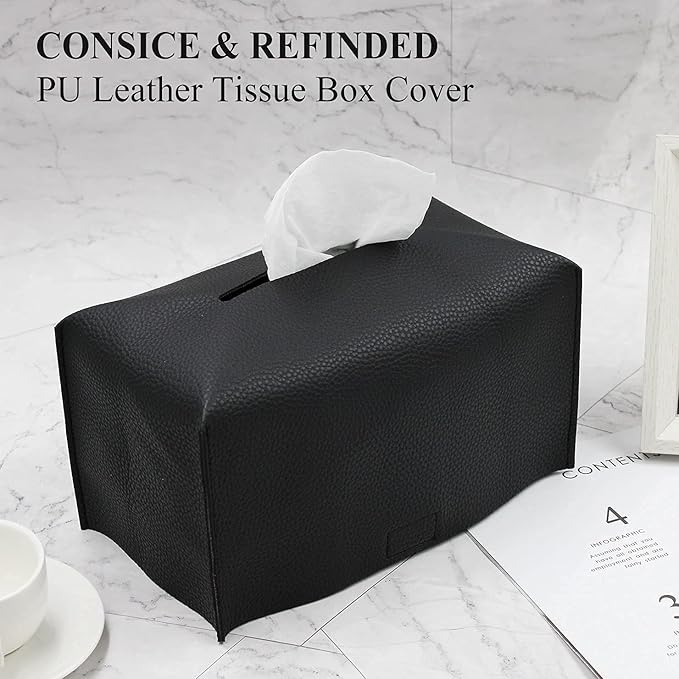 Livelab Tissue Box Cover, Modern Decorative PU Leather Rectangular Tissue Box Case Organizer Holder for Vanity Countertop, Night Stands, Livingroom, Office Desk & Car 9.5X5X5'' | Black