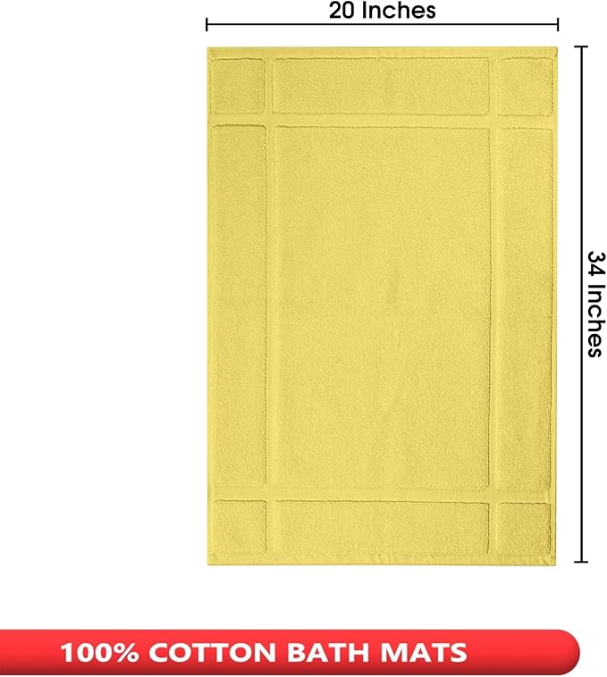 Ample Decor 100% Cotton Bath Mats 34 x 20 Inches, Quick Dry, 1350 GSM Banded Border Shower Bathroom Floor Mat, Not Bathroom Rug - Yellow, 2 Pack