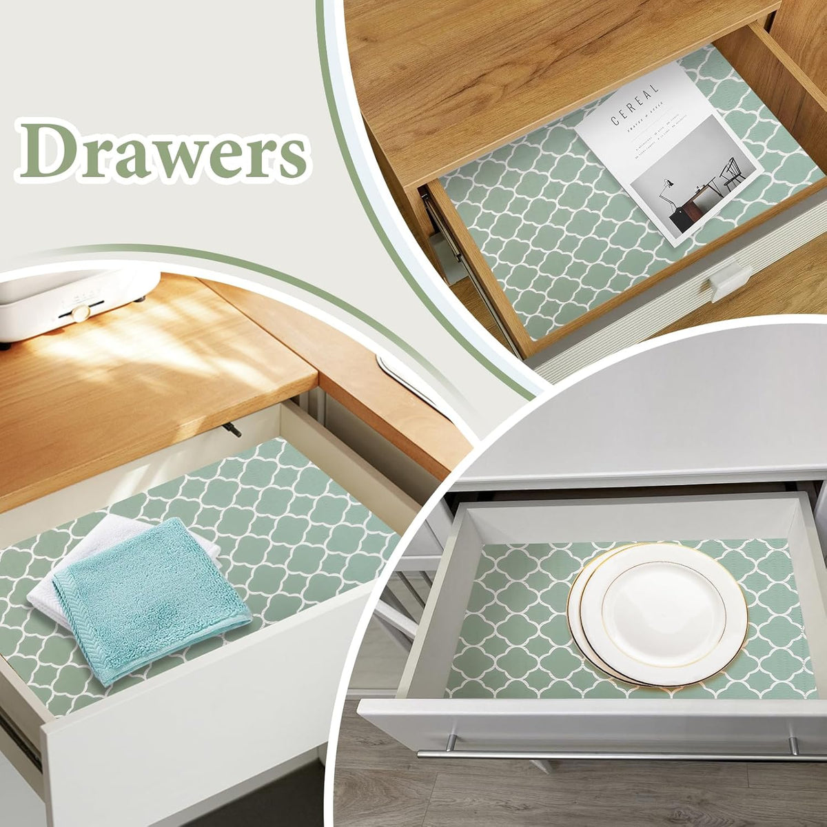 Shelf Liners for Kitchen Cabinets Non Adhesive Drawer Liner 12in x 20FT Light Green Quatrefoil Thickened Shelf Liner Strong Non-Slip Easy to Clean for Tool Box Refrigerator with Knife and Tape Measure