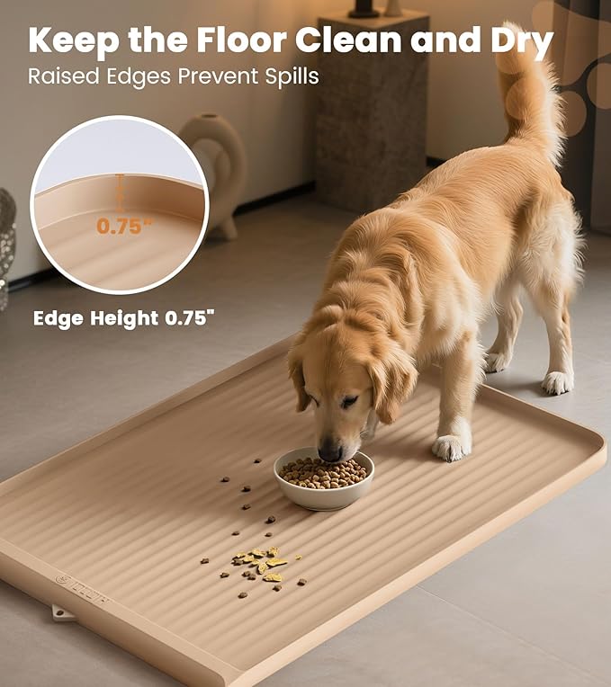 Dog Food Mat 36"x24", Waterproof Pet Feeding Mat with Diversion Grooves and Raised Edges, Large Non-Slip Dog Bowl Mat for Food and Water, Cat Food Mat for Floors, Easy to Clean, Khaki