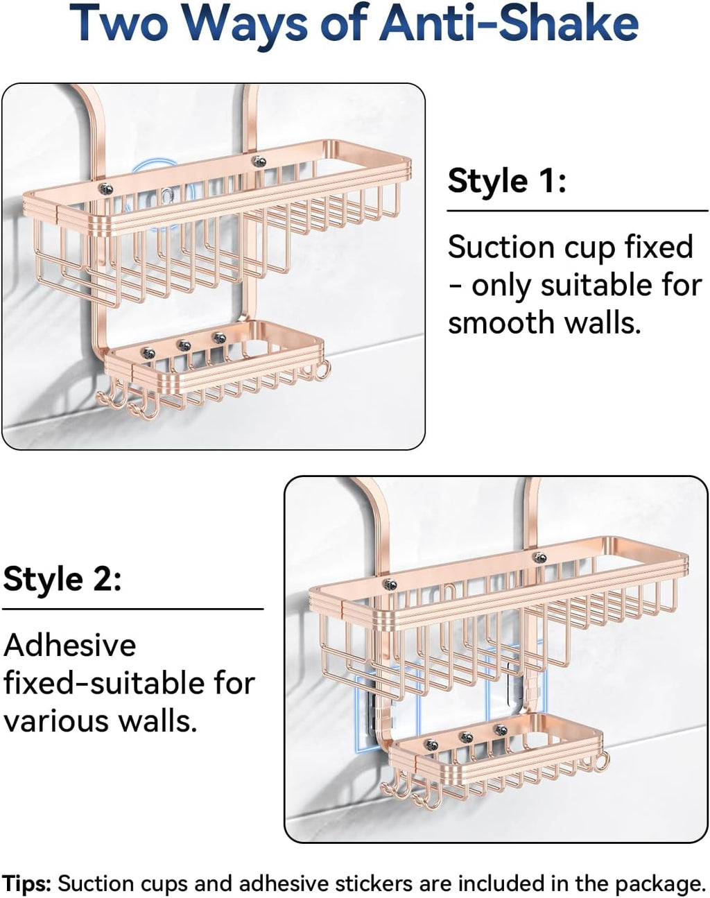 YASONIC Shower Caddy Hanging - Never Rust Shower Organizer - Aluminum over The shower head caddy with 10 Hooks for Razor/Sponge - Shower Rack with Soap Basket - Rose Gold
