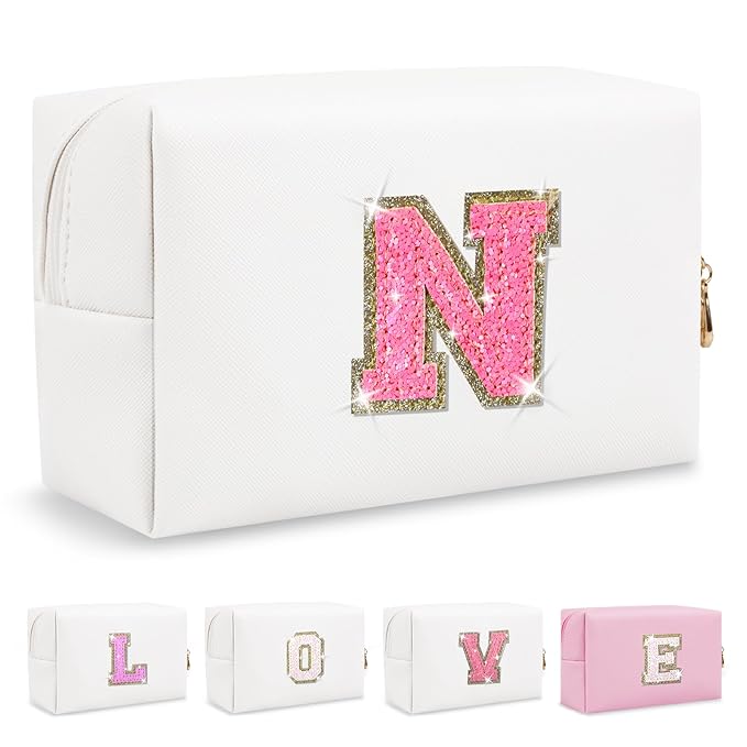 Small Personalized Initial A-Z Patch Makeup Bag,White Cute PU Leather Glitter Letter Cosmetic Bag for Teen Girls,Travel Toiletry Bag with Zipper,Preppy Monogrammed Birthday Gift for Daughter Niece N
