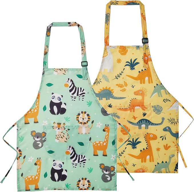 Lictin 2 Pack Kids Apron Girls Boys for Cooking, Waterproof Art Apron with Pockets for Kids Painting Cooking Baking