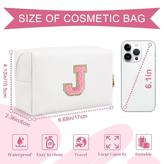 Personalized Makeup Bag Initial A-Z Preppy Patch Bag,Small PU Leather Travel Cosmetic Bag Pouch with Zipper,White Cute Toiletry Bag,Gift Ideal for Teen Girls Women Birthday Friend Mom,Letter J