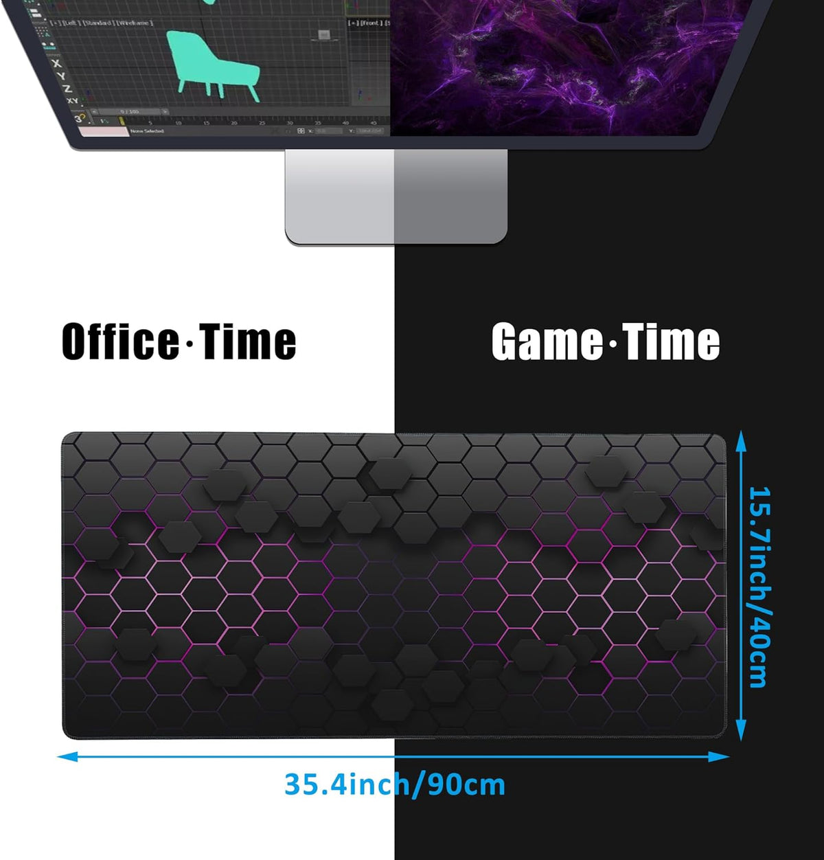 Grid with Purple Light Large Gaming Mouse Pad,Waterproof Desk Mat for Desktop,Non-Slip Rubber Base Mousepad with Stitched Edges for Laptop Office and Home 35.4X15.7 Inch
