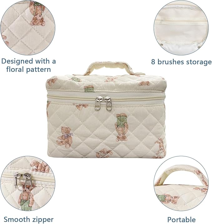 Large Makeup Bag, Cute Cosmetic Bag for Women Girls, Floral Coquette Aesthetic Toiletry Bag, Travel Make Up Organizer Bag (White-Bear)