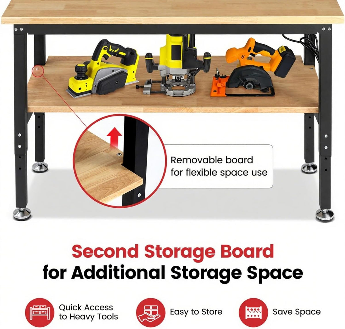 Work Table for Garage 60 x 22 Inch Adjustable Height Workbench Heavy Duty Rubberwood Tabletop Work Bench with Power Outlets Pegboard Pad for Woodworking Shop, Home, Office