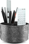 lizimandu Round Leather Art Supply Organizer,Remote Control Holder,360 Degree Spinning,Multi-Functional Pencil Holder,4 Compartments Desktop Stationary Organizer(1-Grey)