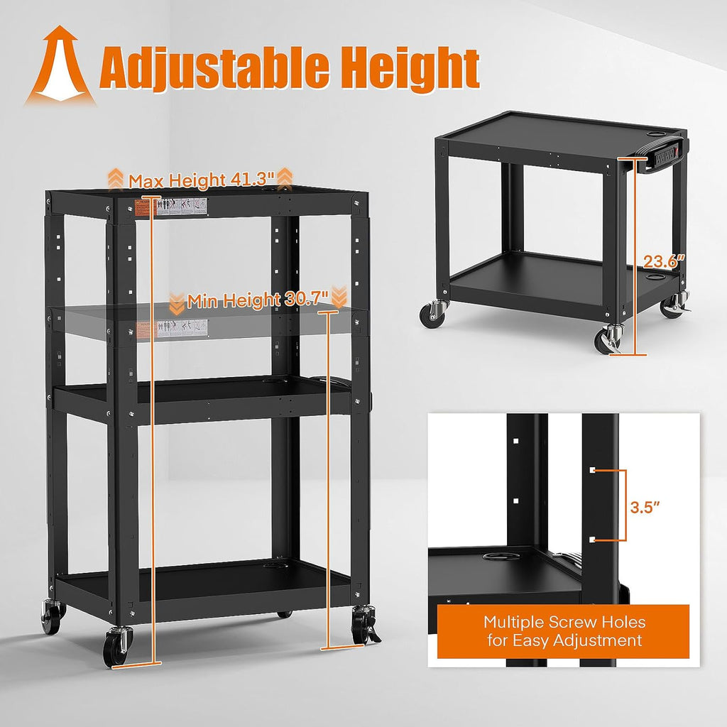 3 Shelf Metal Utility Cart - Durable Computer Cart on Wheels with Power Strip,Height Adjustable AV Presentation Cart Stand for Movie Projector,TV and Laptop Computers,Easy to Assemble, Black