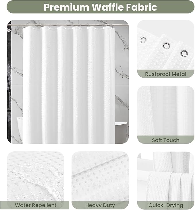 Inhousolu Fabric Shower Curtain Waffle Weave, 230 GSM Heavy Duty, Weighted Hem, 14 Metal Hooks, Water Repellent, Machine Washable, Hotel Spa Luxury Bath Curtain Set, 72 x 72 Inch, White