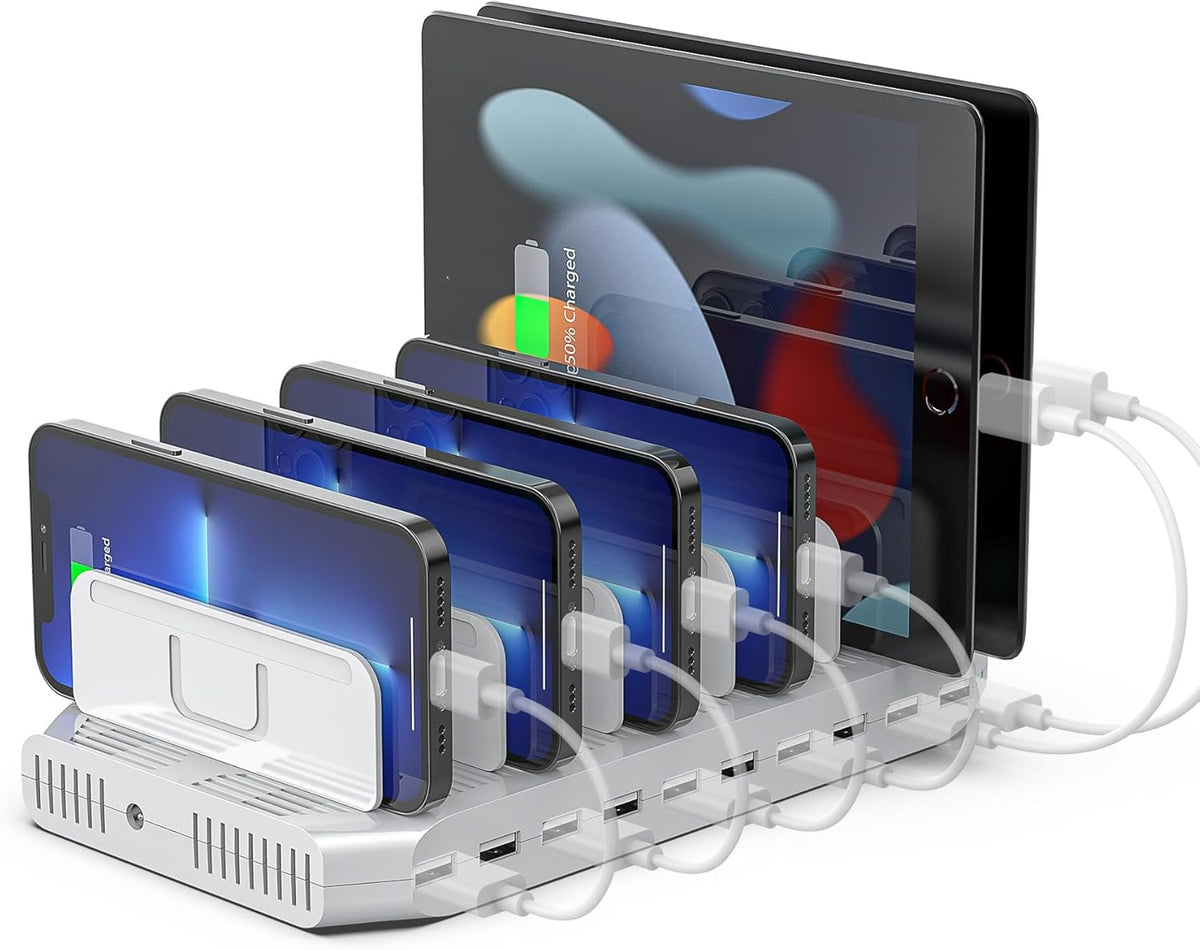【5PCS】 Unitek Multi Charging Station, 10-Port USB Charger for Multiple Device with SmartIC Tech and Adjustable Dividers, Organizer Stand Compatible with iPad, Tablet, Kindle, iPhone - 5PCS, White
