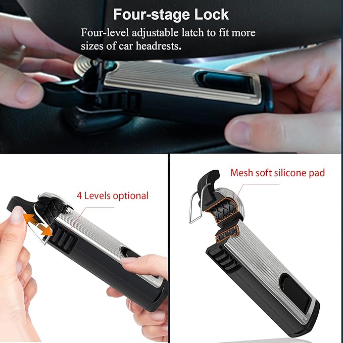 Car Headrest Hooks, 2 in 1 with Phone Holder, 360 Rotation for Purses, Bags & Groceries (Silver - 2PCS)