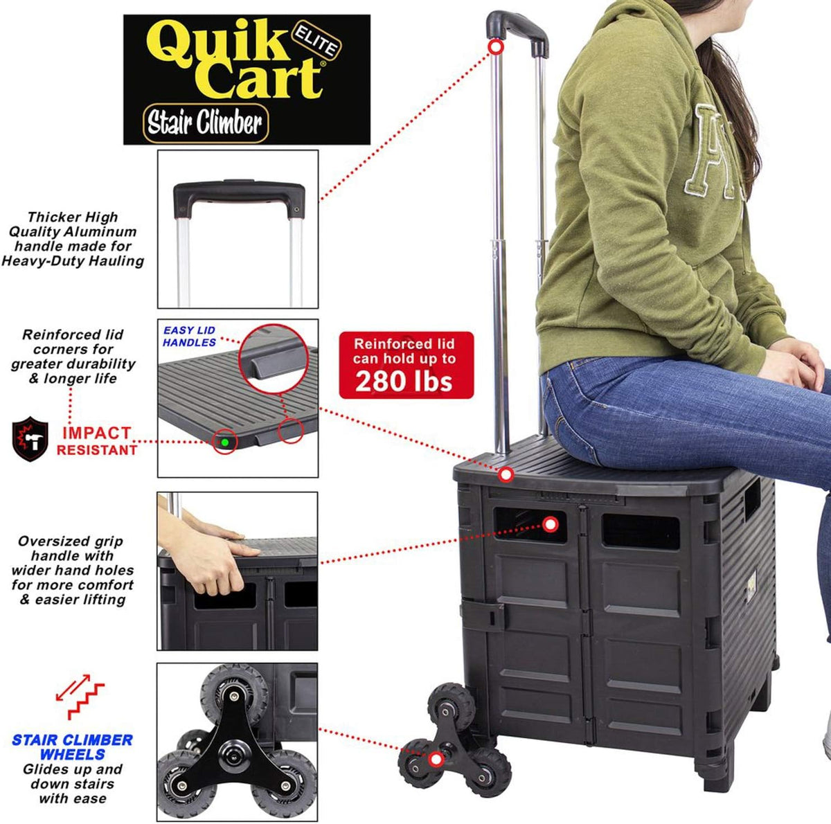 dbest products Quik Cart Elite Stair Climber Wheeled Rolling Crate Teacher Utility With seat Heavy Duty Collapsible Basket With Handle, Black