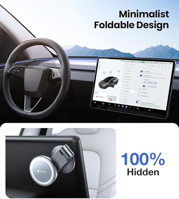 VICSEED Tesla Phone Mount【Strongest Magnet Power】 Foldable Hidden Tesla Phone Holder Fit for All Phones, Tesla Model 3/Y/Cybertruck Accessories, Tesla Model 3 Model Y for MagSafe Car Mount-Quicksilver