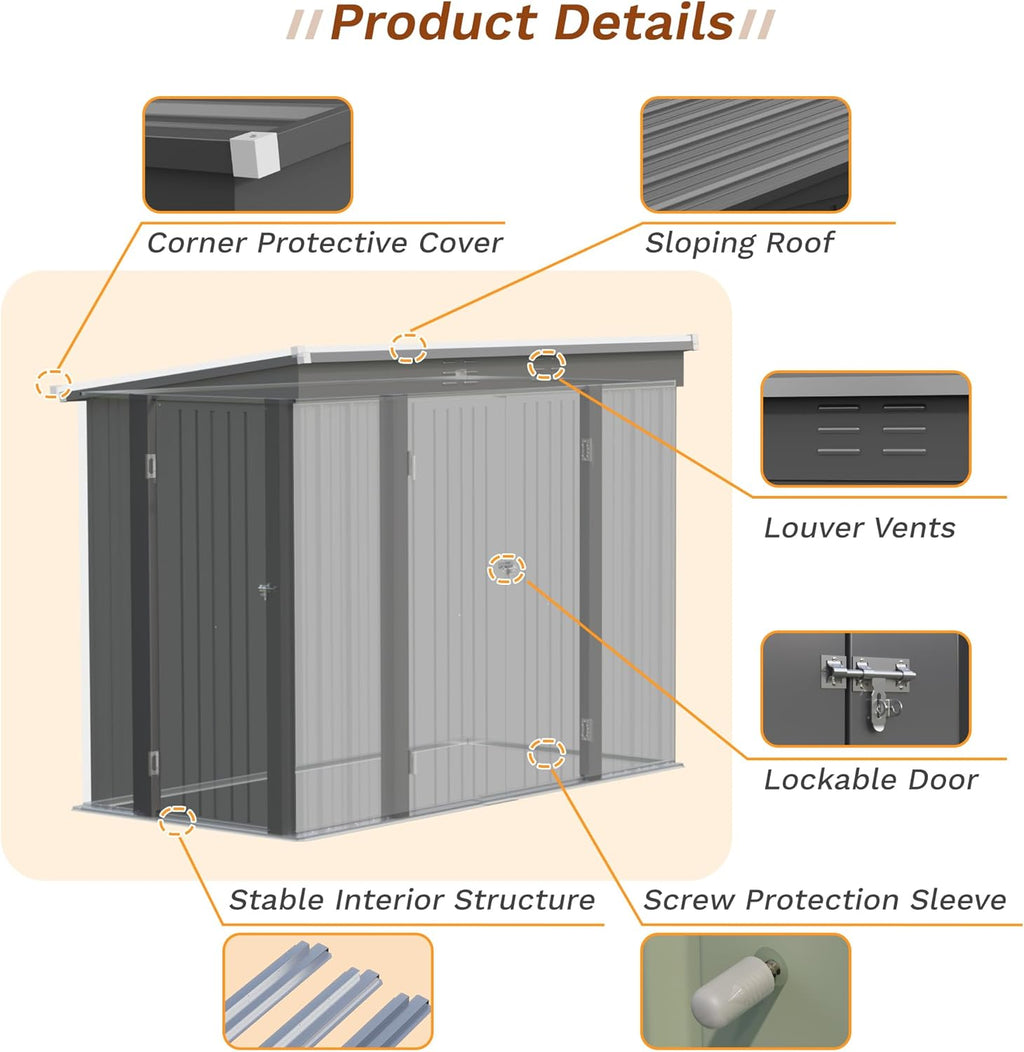 Greesum 8x4FT Outdoor Storage Shed, Metal Shed with Triple Lockable Door, Utility Tool Storaged Garden Shed with Slopping Roof for Patio Storage, Black