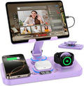 30W Charging Station for Apple Products, Foldable Wireless Charger with Clock Display&7 Color Light, Wired Charging for iPad/Tablet Charging Station for iPhone17, for Apple Watch11 for AirPods4(Purple