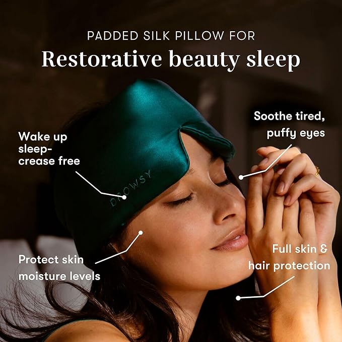 DROWSY Silk Sleep Mask - Face-Hugging, Padded Cocoon for Luxury Sleep in Total Darkness - 100% Pure Mulberry Silk (Green Sapphire)