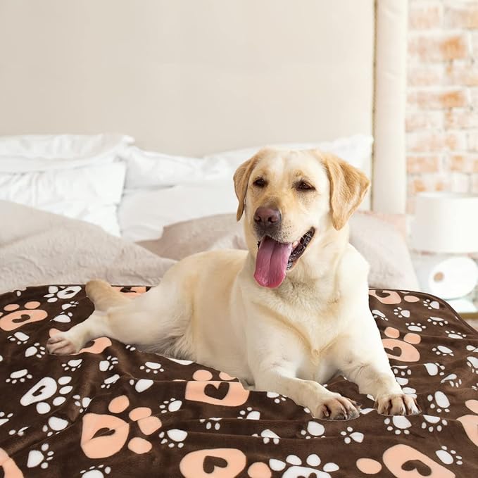AHOOCUSTOM Brown Fleece Extra Large Dog Blanket, 80'X60', Soft Flannel Pet Cat Puppy Blanket Mat Cover for Bed Couch, Cute Paw Print Throw Blanket for Dogs